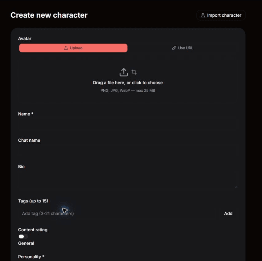Blank Banno character form showing import, avatar, identity, tags, content rating, and personality fields