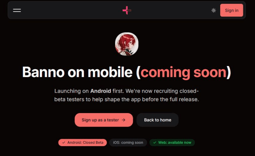 Banno mobile page stating Android Closed Beta, iOS coming soon, and web available now