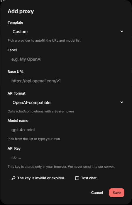 Blank Banno proxy form with provider template, base URL, API format, model, API key, test, and save controls