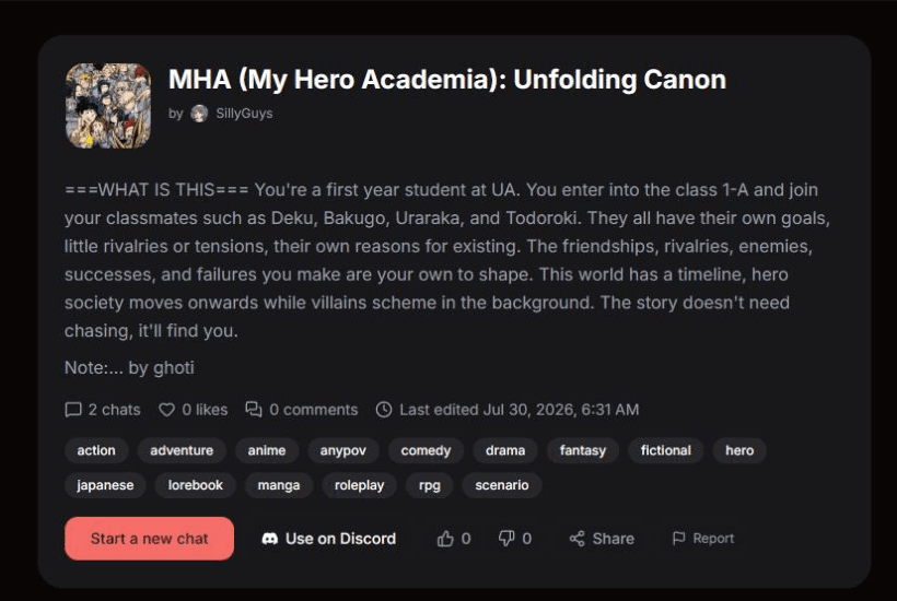 หน้าคาแรคเตอร์ Banno ที่มีปุ่มเริ่มแชทใหม่และใช้บน Discord